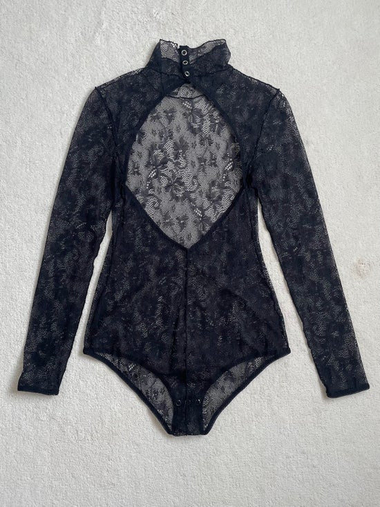 Lace jacquard turtleneck leotard