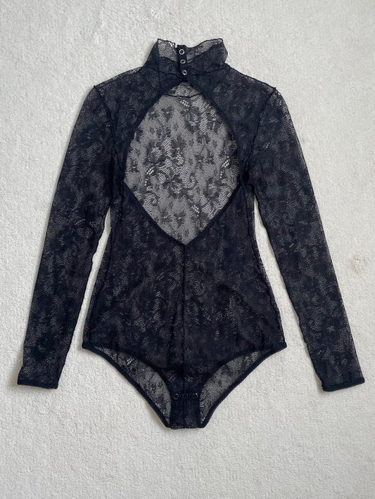 Lace jacquard turtleneck leotard