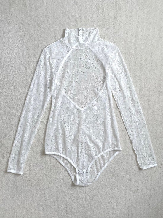 Lace jacquard turtleneck leotard